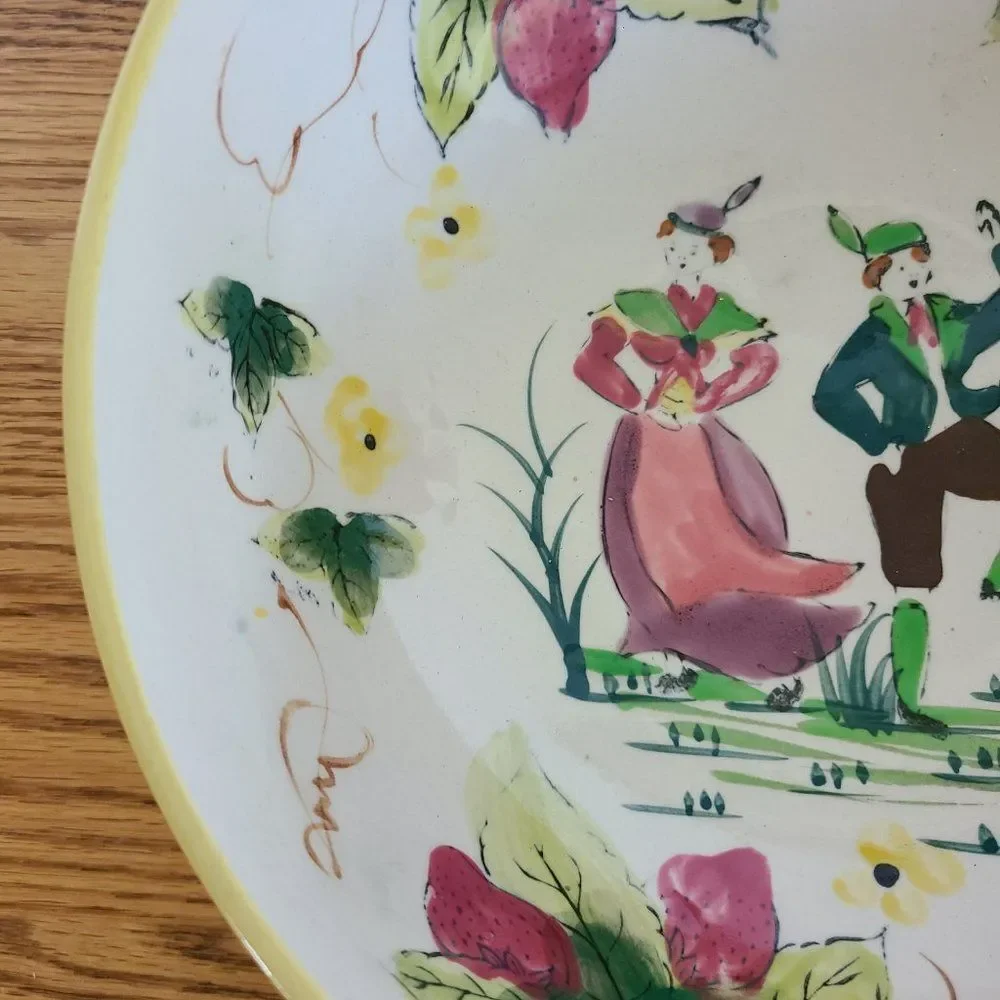 Vintage European Folk Art Handpainted Bowl - Dancing Man and Woman, Strawberries